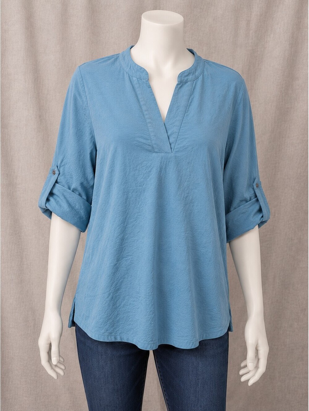 Philosophy Women’s SP Blue Roll Tab Sleeve V Neck Blouse Tunic Top Petite